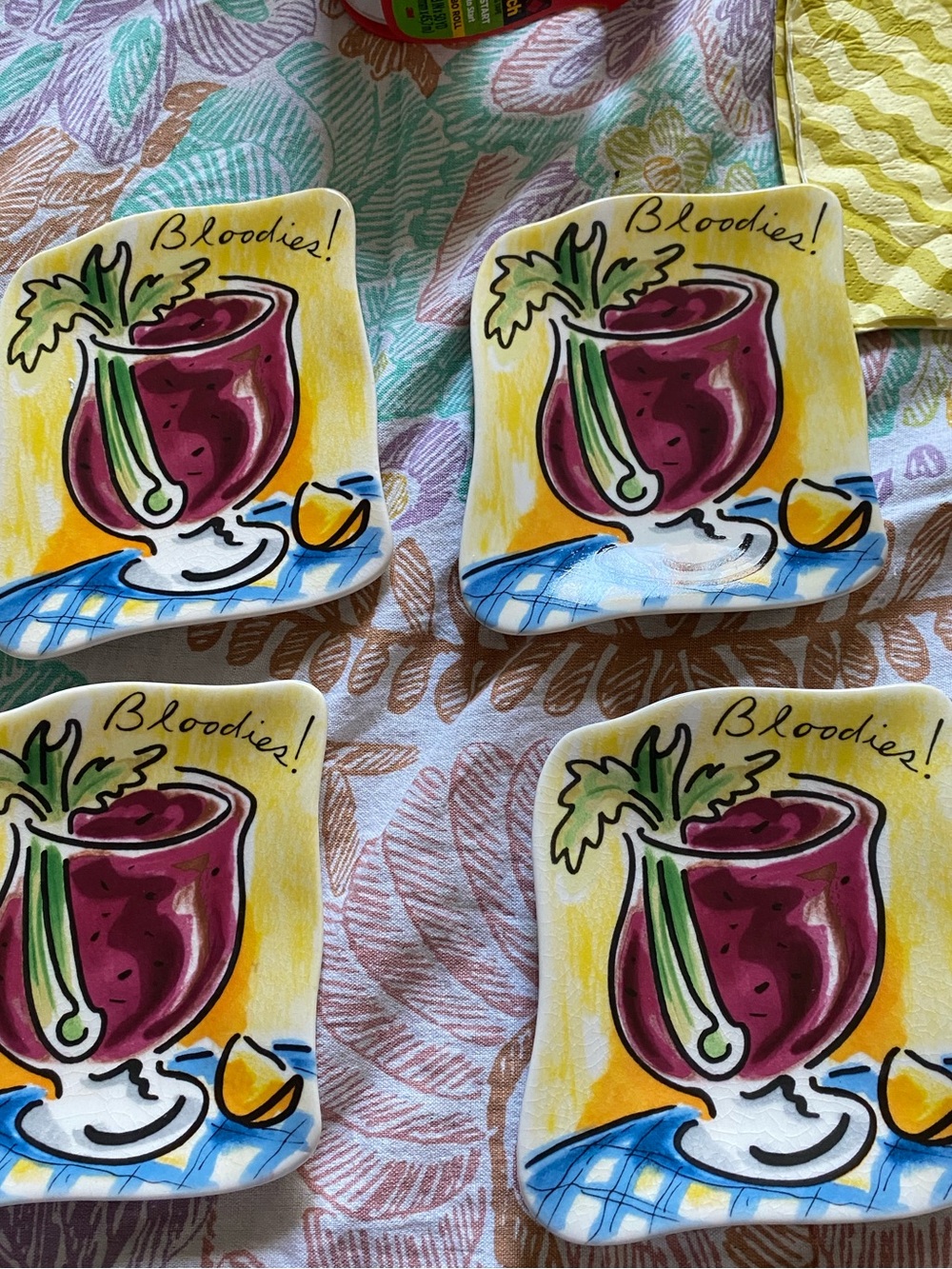 4 Whimsical Tracy Flickinger Mud Pie “Bloody Mary Small Plates” from 1990s. GUC